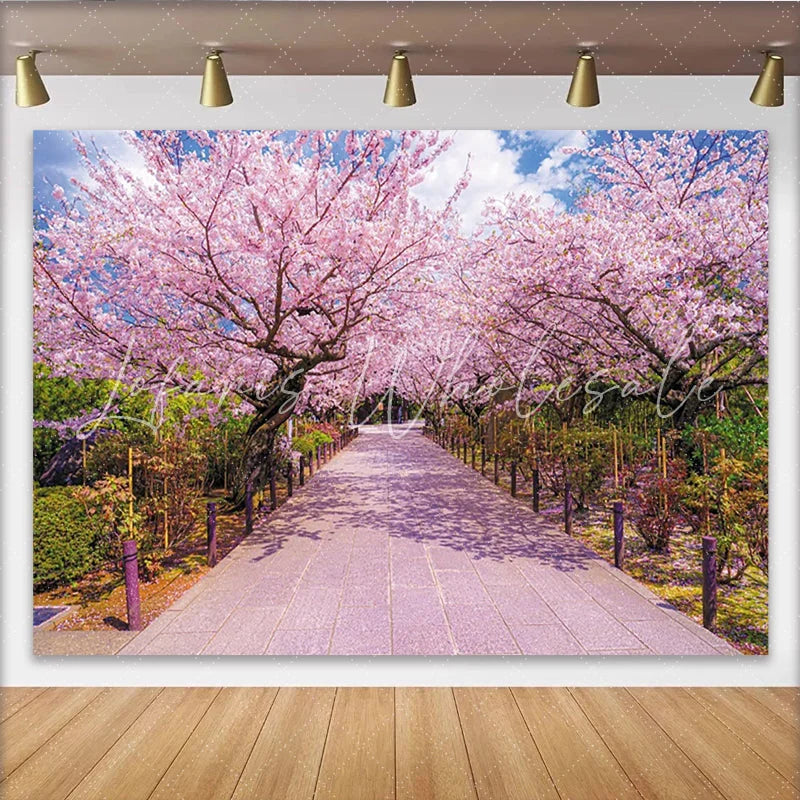 Lofaris Pink Cherry Blossom Photography Backdrop with Scenic Pathway Beautiful Spring Nature Background for Studio Portrait