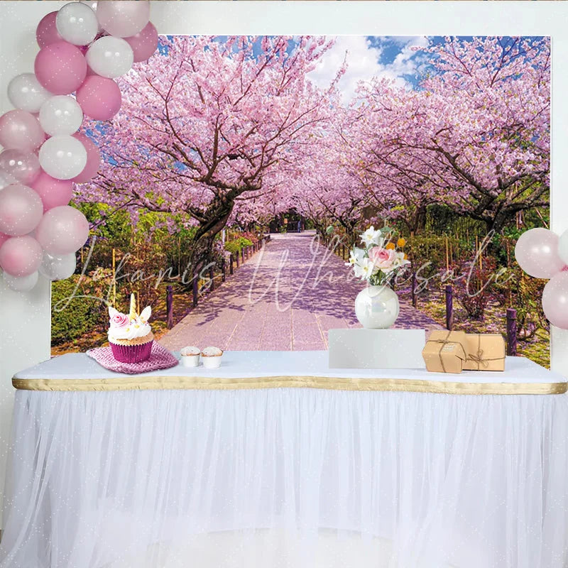 Lofaris Pink Cherry Blossom Photography Backdrop with Scenic Pathway Beautiful Spring Nature Background for Studio Portrait