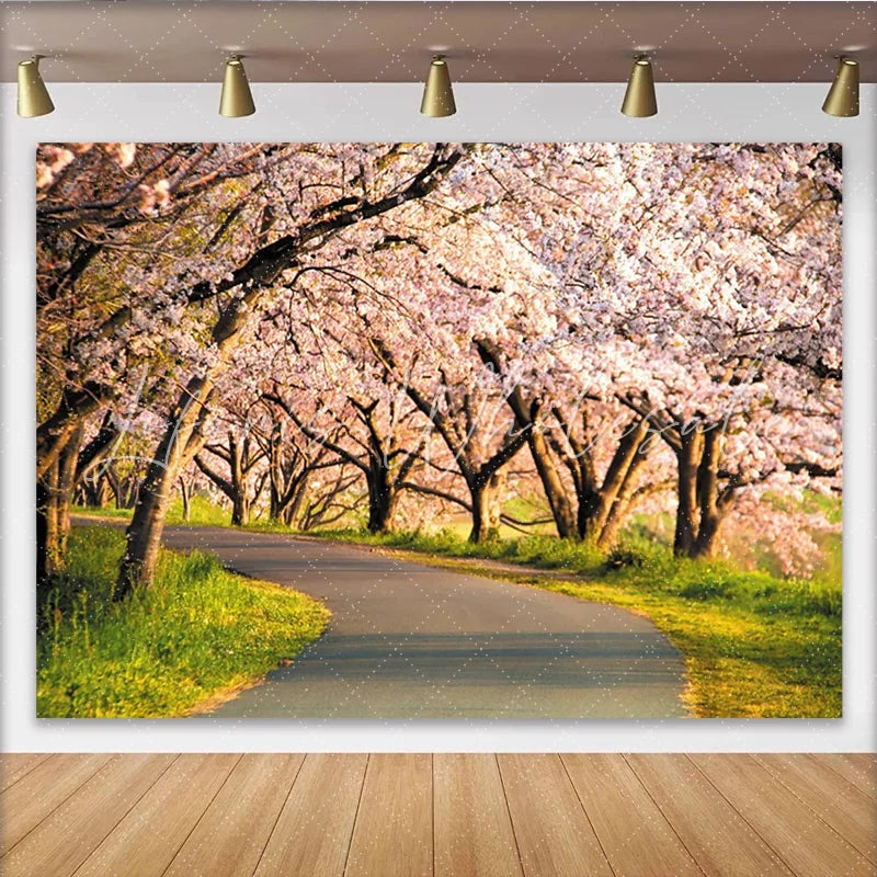 Lofaris Pink Cherry Blossom Photography Backdrop with Winding Road Beautiful Spring Nature Background for Studio Portrait and Event Decor