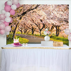 Lofaris Pink Cherry Blossom Photography Backdrop with Winding Road Beautiful Spring Nature Background for Studio Portrait and Event Decor