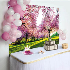 Lofaris Pink Cherry Blossom Spring Photography Backdrop Green Grass Nature Scene Background for Photoshoot