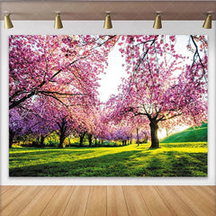 Lofaris Pink Cherry Blossom Spring Photography Backdrop Green Grass Nature Scene Background for Photoshoot