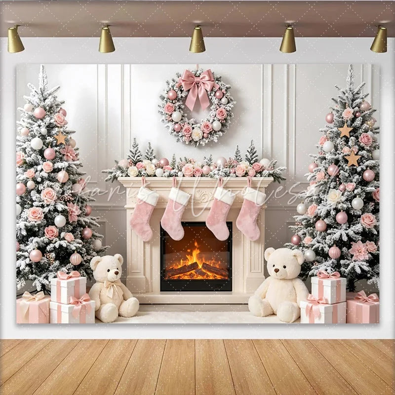 Lofaris Pink Christmas Backdrop with Snow Flocked Trees and Elegant Roses Festive Fireplace Background for Holiday Photoshoot