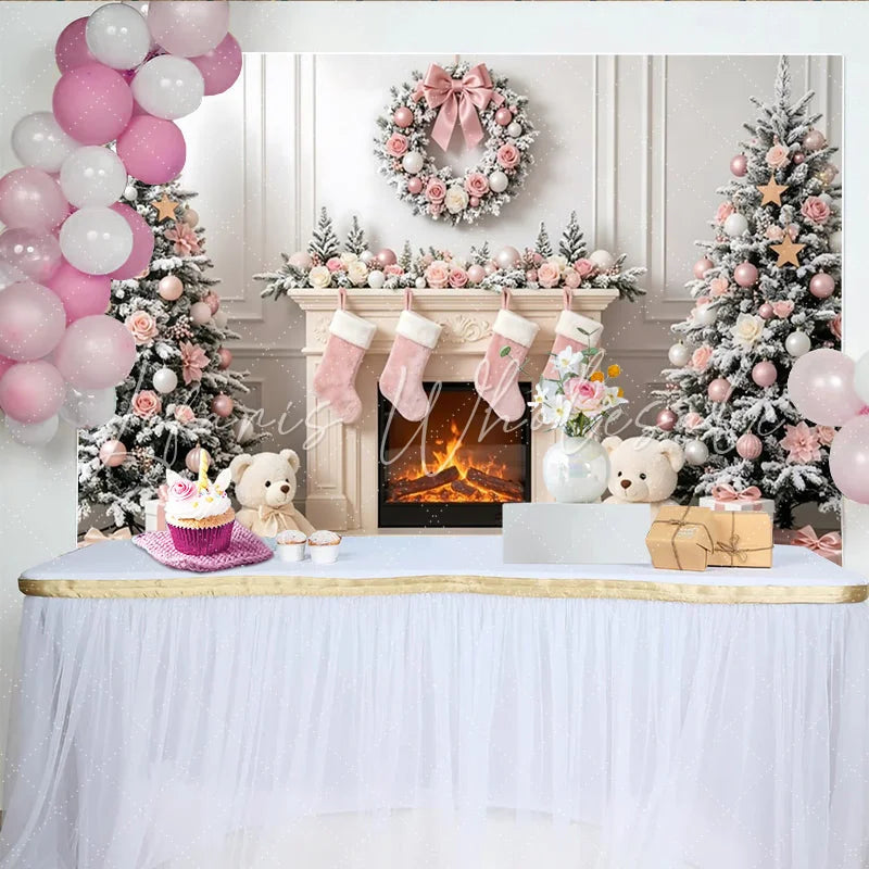 Lofaris Pink Christmas Backdrop with Snow Flocked Trees and Elegant Roses Festive Fireplace Background for Holiday Photoshoot