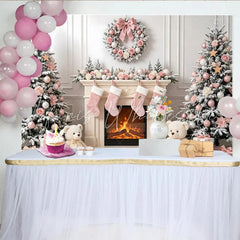 Lofaris Pink Christmas Backdrop with Snow Flocked Trees and Elegant Roses Festive Fireplace Background for Holiday Photoshoot