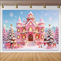 Lofaris Pink Christmas Castle Backdrop with Snow and Candy Canes Festive Winter Wonderland Background for Holiday Party Photography
