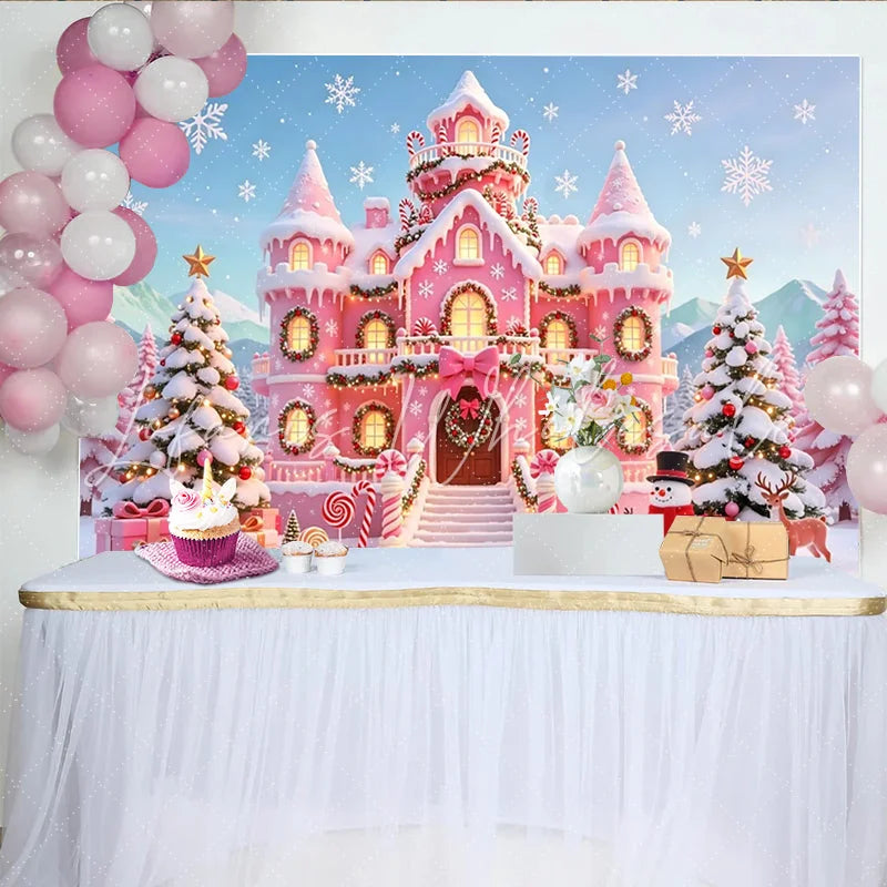 Lofaris Pink Christmas Castle Backdrop with Snow and Candy Canes Festive Winter Wonderland Background for Holiday Party Photography