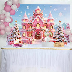 Lofaris Pink Christmas Castle Backdrop with Snow and Candy Canes Festive Winter Wonderland Background for Holiday Party Photography