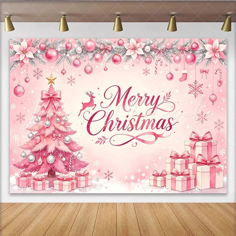 Lofaris Pink Christmas Tree Backdrop with Merry Christmas Text and Gifts Elegant Holiday Background for Festive Party Decor