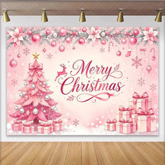 Lofaris Pink Christmas Tree Backdrop with Merry Christmas Text and Gifts Elegant Holiday Background for Festive Party Decor