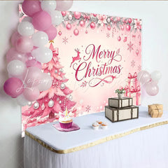 Lofaris Pink Christmas Tree Backdrop with Merry Christmas Text and Gifts Elegant Holiday Background for Festive Party Decor