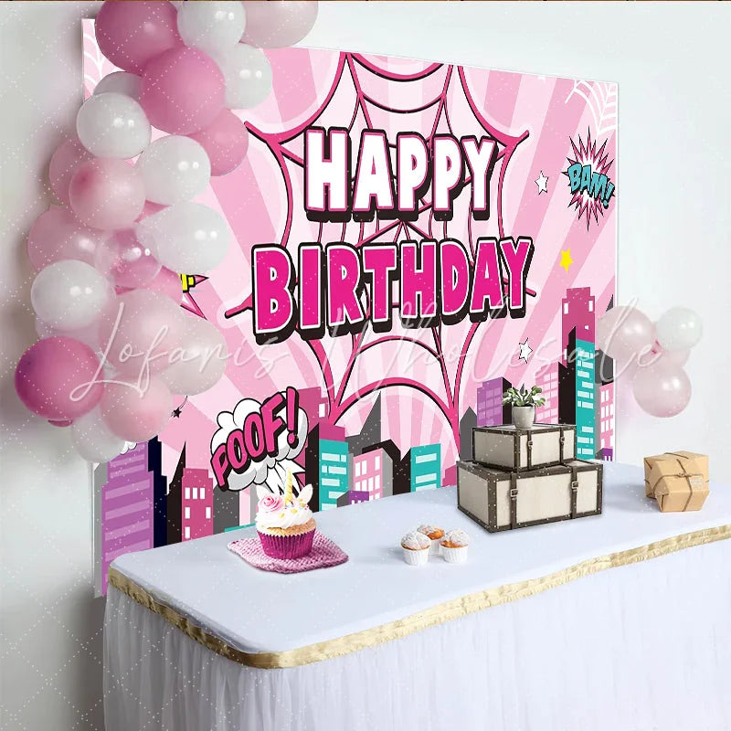 Lofaris Pink Comic Book Birthday Backdrop with Spider Web and City Skyline Pop Art Party Background for Girls Photoshoot and Decoration