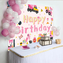 Lofaris Pink Construction Girl Happy Birthday Backdrop Excavator and Truck Party Banner for Kids