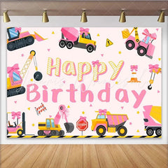 Lofaris Pink Construction Girl Happy Birthday Backdrop Excavator and Truck Party Banner for Kids