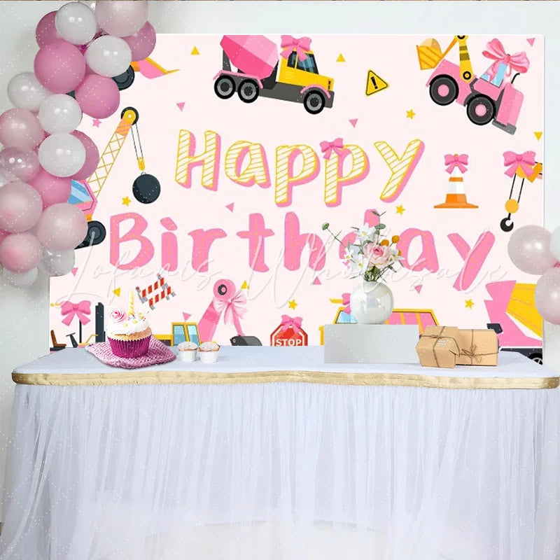 Lofaris Pink Construction Girl Happy Birthday Backdrop Excavator and Truck Party Banner for Kids