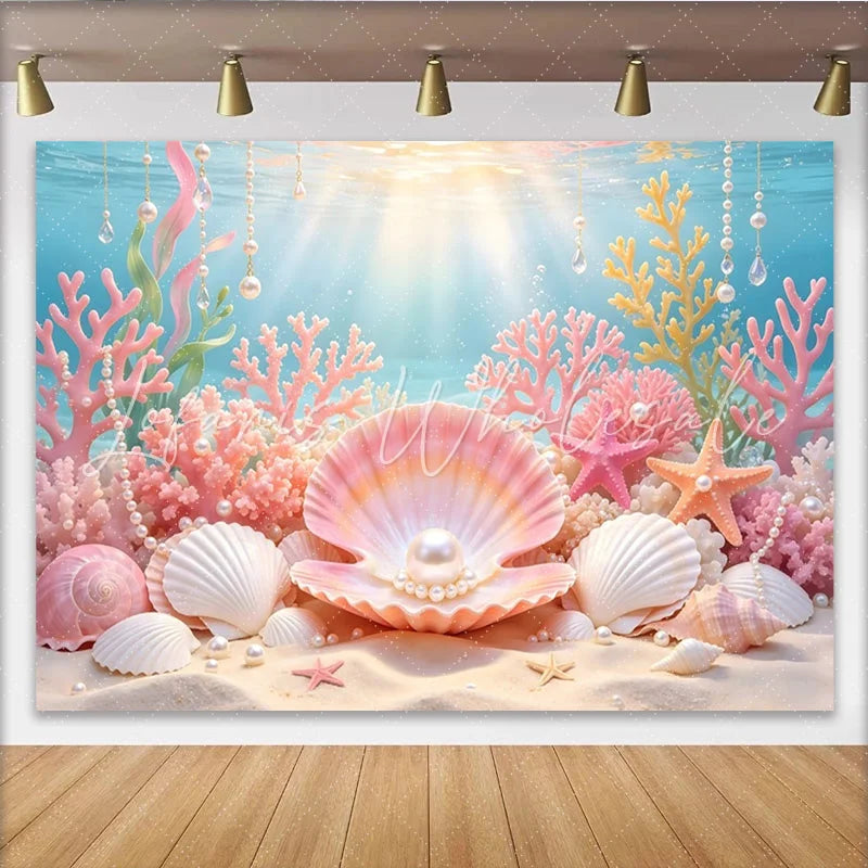 Lofaris Pink Coral Mermaid Photography Backdrop with Seashells and Pearls Enchanting Underwater Background for Studio Photoshoot