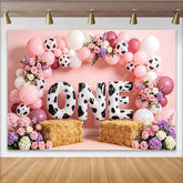 Lofaris Pink Cow Print 1st Birthday Backdrop with Balloons and Flowers Cute Farm Animal Theme Photo Background for Baby Girl Party