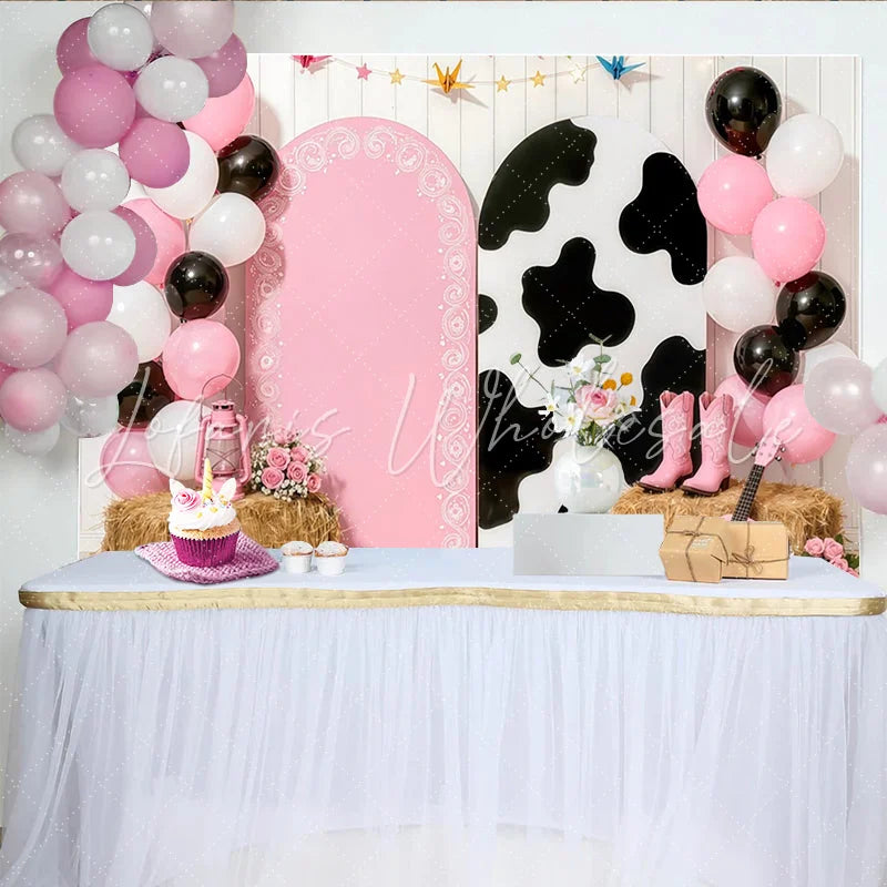 Lofaris Pink Cow Print Cowgirl Birthday Backdrop with Balloons and Boots Farm Party Photo Booth Background for Girls Celebration