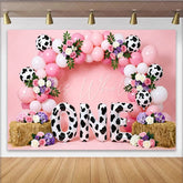 Lofaris Pink Cow Print First Birthday Backdrop with Balloons and Flowers Farm Theme Photo Background for Baby Girl Party Decoration