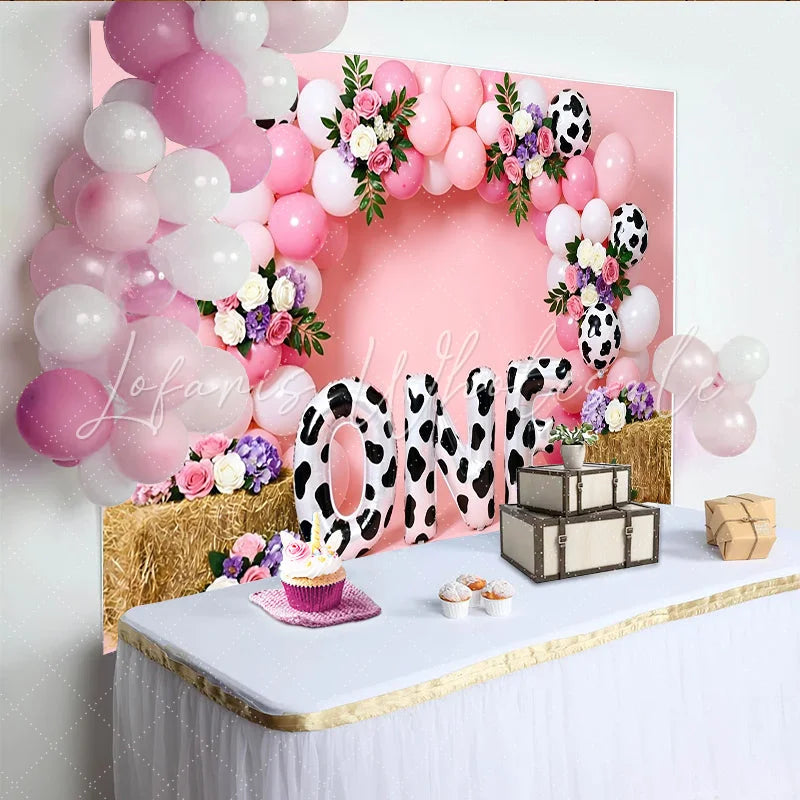 Lofaris Pink Cow Print First Birthday Backdrop with Balloons and Flowers Farm Theme Photo Background for Baby Girl Party Decoration