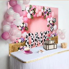 Lofaris Pink Cow Print First Birthday Backdrop with Balloons and Flowers Farm Theme Photo Background for Baby Girl Party Decoration