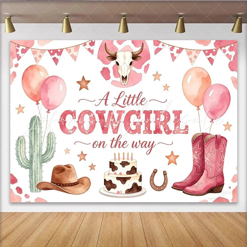 Lofaris Pink Cowgirl Baby Shower Backdrop Western Theme Decor with Boots and Cactus for Girl Party Background