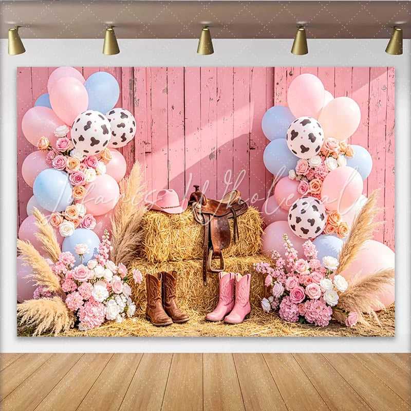 Lofaris Pink Cowgirl Baby Shower Backdrop with Blue Balloons and Hay Bales Western Rodeo Photography Background for Gender Reveal Party