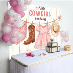 Lofaris Pink Cowgirl Baby Shower Backdrop with Boots Hat and Dress Rustic Wooden Background for Girl Party Decor