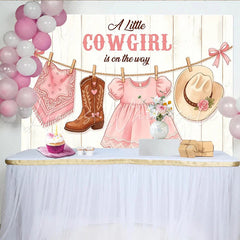 Lofaris Pink Cowgirl Baby Shower Backdrop with Boots Hat and Dress Rustic Wooden Background for Girl Party Decor
