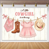 Lofaris Pink Cowgirl Baby Shower Backdrop with Boots Hat and Dress Rustic Wooden Background for Girl Party Decor