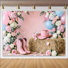 Lofaris Pink Cowgirl Baby Shower Backdrop with Floral Balloons and Hay Bale Rustic Western Photography Background for Gender Reveal Party