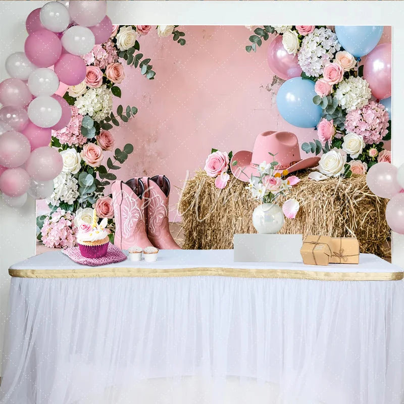 Lofaris Pink Cowgirl Baby Shower Backdrop with Floral Balloons and Hay Bale Rustic Western Photography Background for Gender Reveal Party