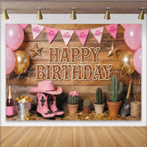 Lofaris Pink Cowgirl Birthday Backdrop with Balloons and Boots Rustic Western Party Decor for Photoshoot