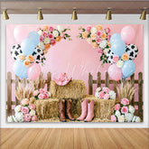 Lofaris Pink Cowgirl Birthday Backdrop with Balloons Flowers and Hay Bales Western Farm Photo Booth Background for Party Decor