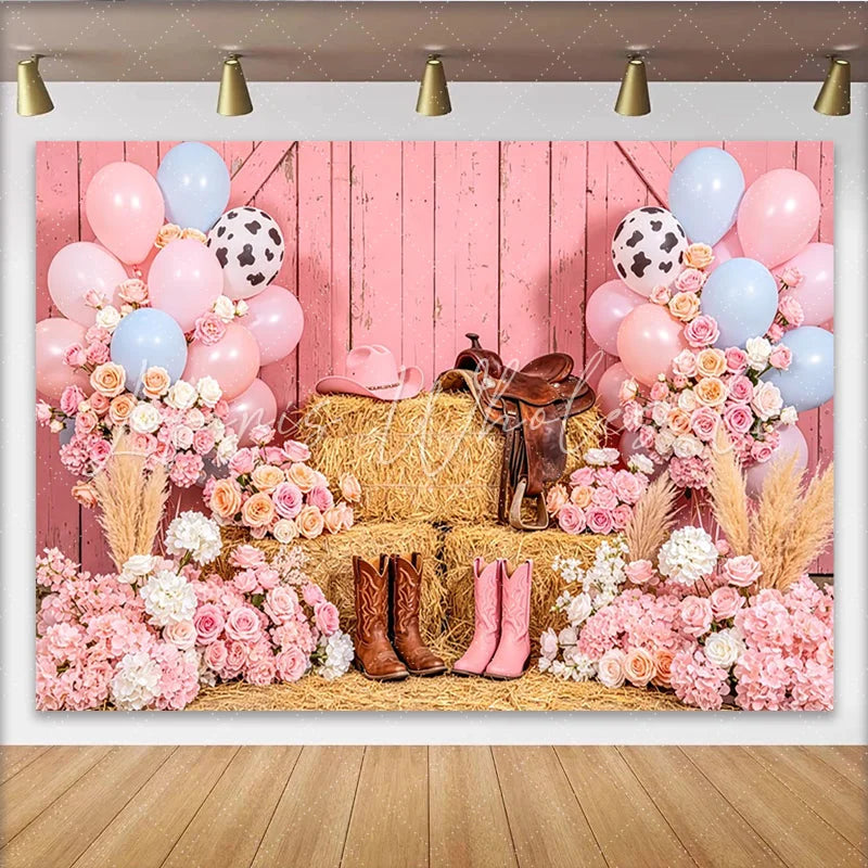 Lofaris Pink Cowgirl Birthday Backdrop with Balloons Flowers and Hay Bales Western Rodeo Party Decor for Girls Photoshoot