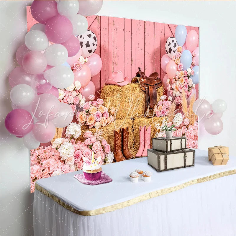 Lofaris Pink Cowgirl Birthday Backdrop with Balloons Flowers and Hay Bales Western Rodeo Party Decor for Girls Photoshoot