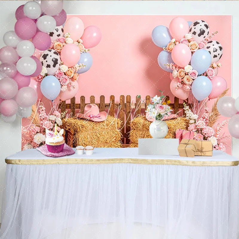 Lofaris Pink Cowgirl Birthday Backdrop with Balloons Hay Bales and Cowboy Boots Western Theme Photography Background for Party Decor