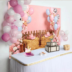 Lofaris Pink Cowgirl Birthday Backdrop with Balloons Hay Bales and Cowboy Boots Western Theme Photography Background for Party Decor