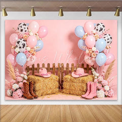 Lofaris Pink Cowgirl Birthday Backdrop with Balloons Hay Bales and Cowboy Boots Western Theme Photography Background for Party Decor