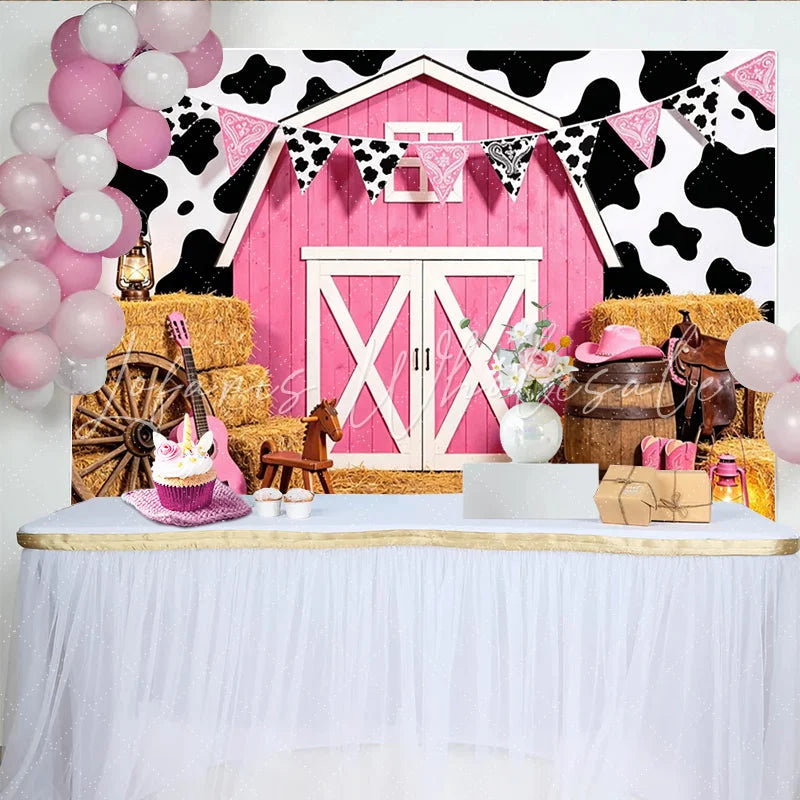 Lofaris Pink Cowgirl Birthday Backdrop with Barn and Cow Print Western Farm Party Background for Girls Photoshoot Decoration