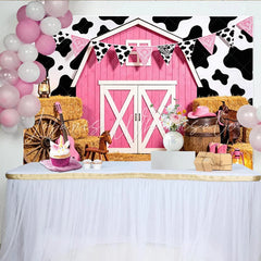 Lofaris Pink Cowgirl Birthday Backdrop with Barn and Cow Print Western Farm Party Background for Girls Photoshoot Decoration