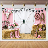 Lofaris Pink Cowgirl Birthday Backdrop with Barn Doors Hay Bales and Roses Western Party Photography Background for Girls