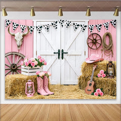 Lofaris Pink Cowgirl Birthday Backdrop with Barn Doors Hay Bales and Roses Western Party Photography Background for Girls