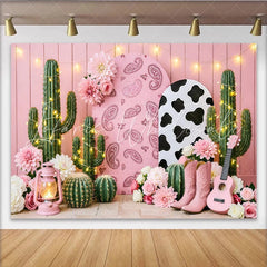 Lofaris Pink Cowgirl Birthday Backdrop with Cactus Boots and Paisley Arch Cute Western Party Decor for Girls Photoshoot