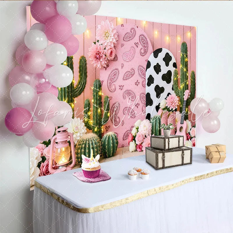 Lofaris Pink Cowgirl Birthday Backdrop with Cactus Boots and Paisley Arch Cute Western Party Decor for Girls Photoshoot