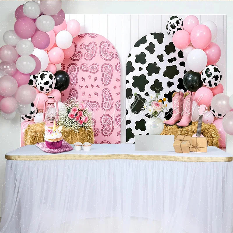 Lofaris Pink Cowgirl Birthday Backdrop with Cow Print and Paisley Arches Western Themed Party Decoration for Girls Photoshoot