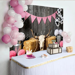 Lofaris Pink Cowgirl Birthday Backdrop with Cow Print Balloons and Hay Bales Rustic Western Party Background for Girls Photoshoot Decor