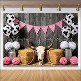 Lofaris Pink Cowgirl Birthday Backdrop with Cow Print Balloons and Hay Bales Rustic Western Party Background for Girls Photoshoot Decor