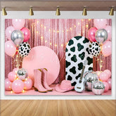 Lofaris Pink Cowgirl Birthday Backdrop with Disco Balls and Balloons Western Party Background for Photoshoot Decor