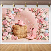 Lofaris Pink Cowgirl Floral Baby Shower Backdrop with Hay and Boots Elegant Western Party Background for Girls Photoshoot Decor